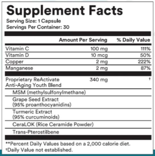 ReActivate Skin Care Ingredients Supplement Facts
